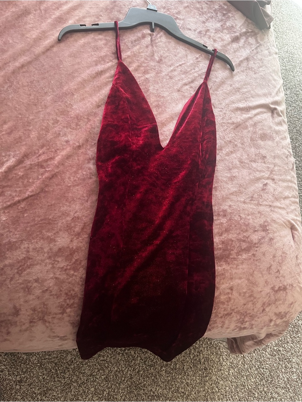 Velvet Deep Red Slip Dress with V-Neck